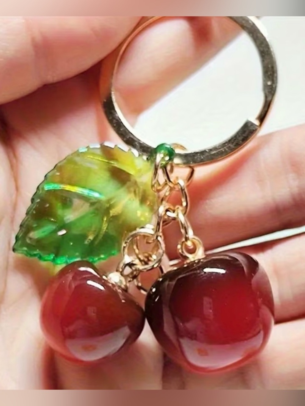 Cherry Keychain with Iridescent Leaf